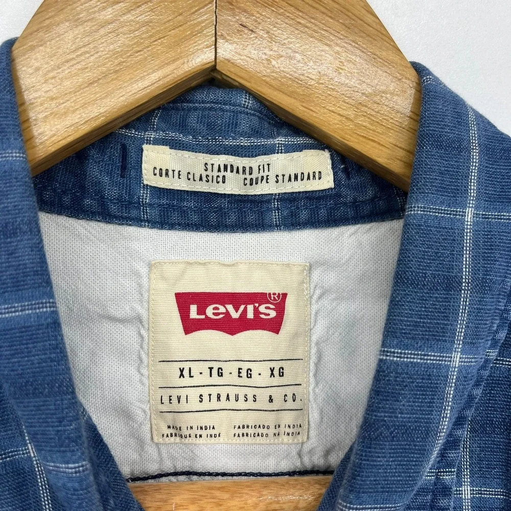 Levis Mens Blue Windowpane Plaid Button Down Shirt Standard Fit XL